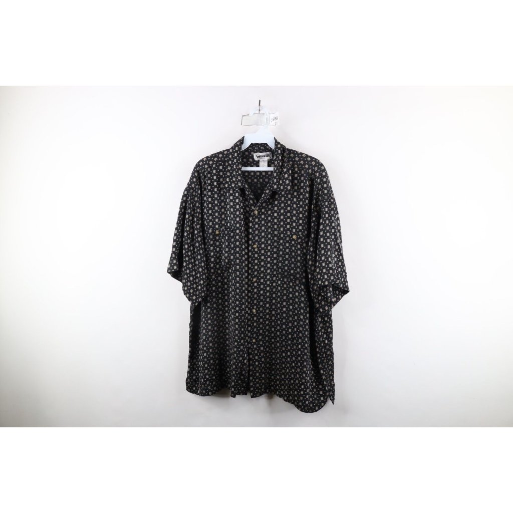 Vintage 90s Streetwear Mens Xl Geometric Silk Short Sleeve Collared Button Shirt